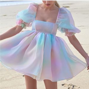 Pastel Rainbow Puff Sleeve Mini Dress